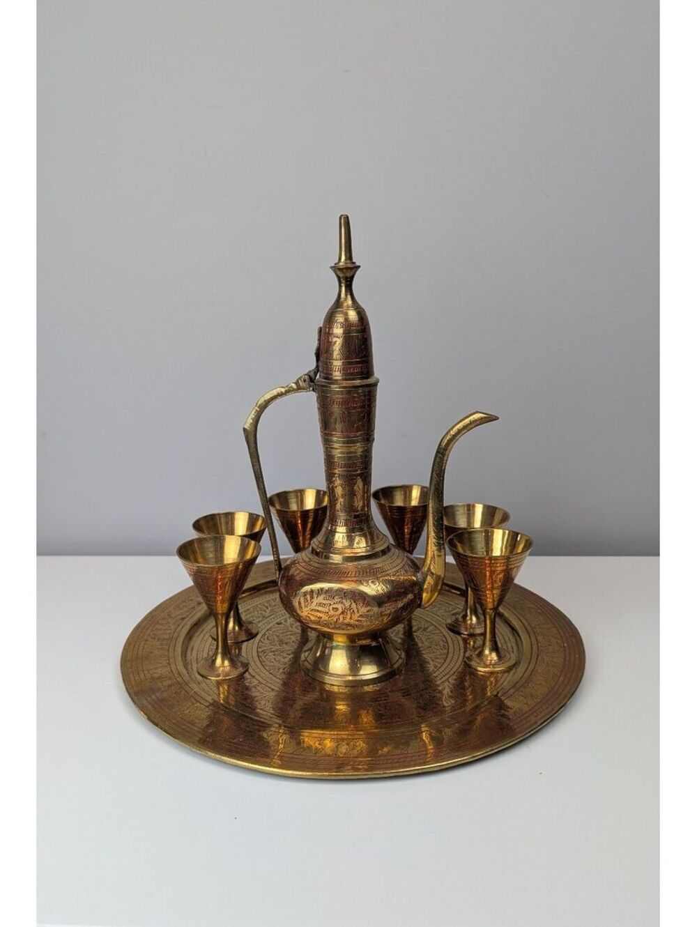 Vintage Engraved Brass Middle Eastern Dallah Coffee Set Tray & 6 Cups
